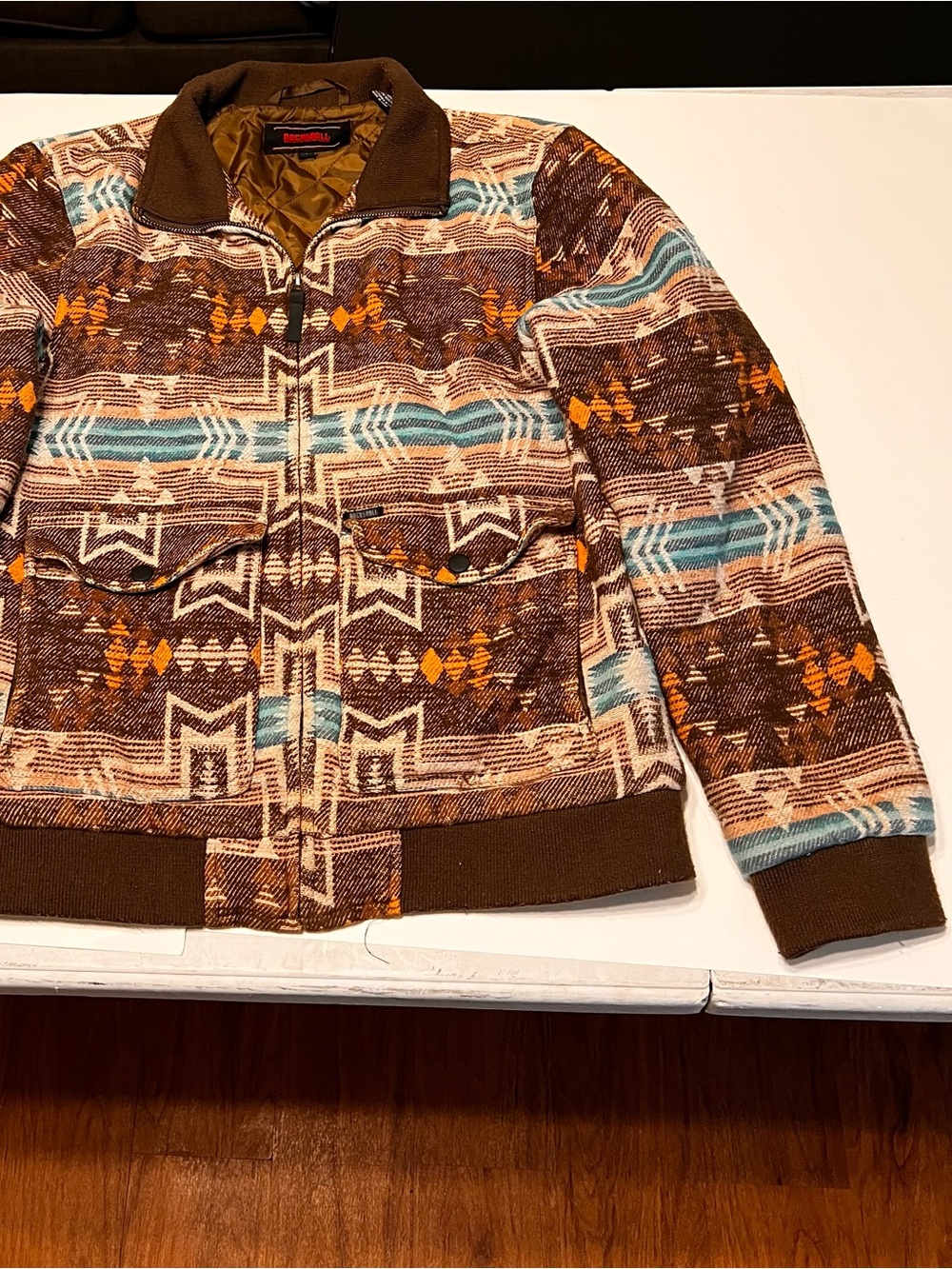 Rock & Roll Patterned Quarter-Zip Jacket - Brown with Teal & Orange Accents (S)